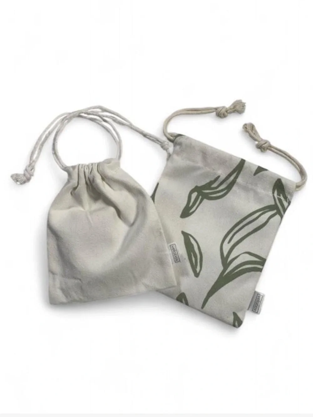 Vellabox Canvas Drawstring Pouches - White & Green Leaf Print